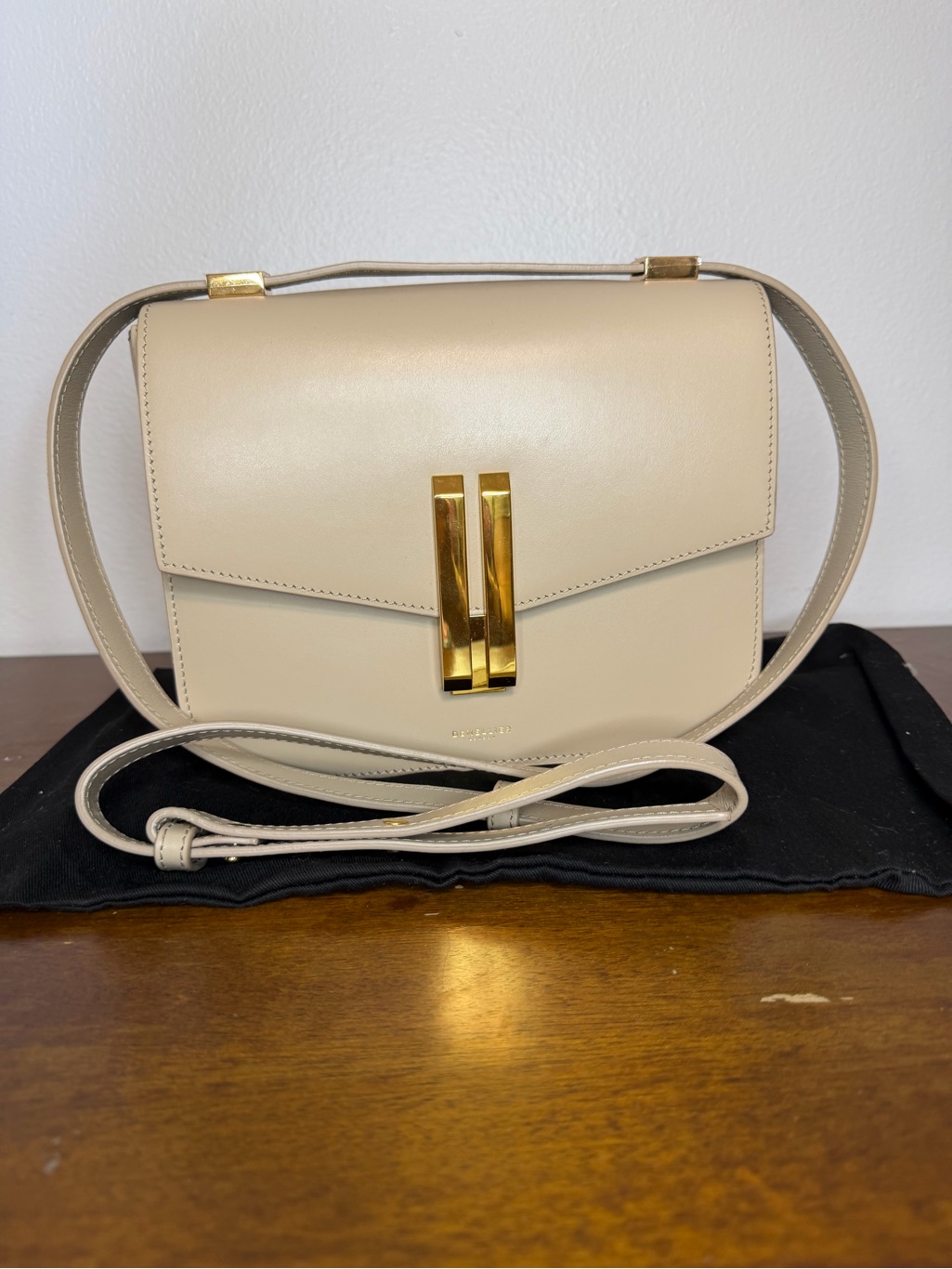 Demellier Vancouver In Taupe Smooth Leather Crossbody With Gold Hardware